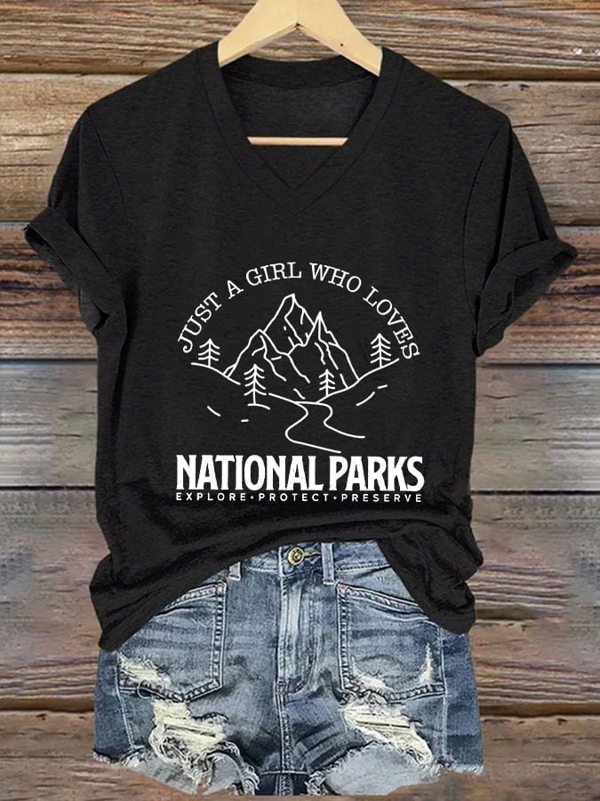 Women's Just A Girl Who Loves National Parks Printed V-Neck T-Shirt