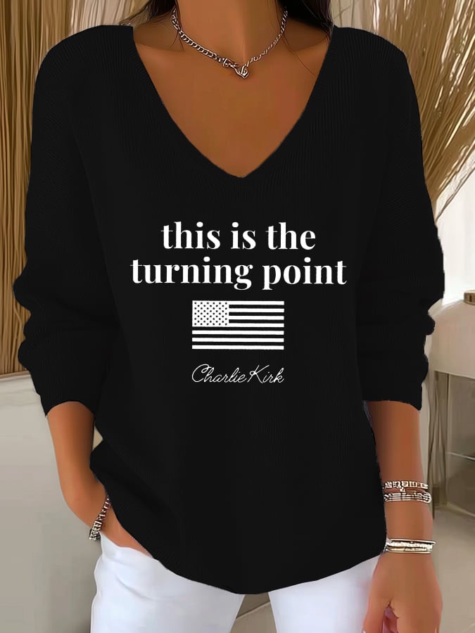 Women's Retro This is the Turning Point Print Drop Shoulder Sweater