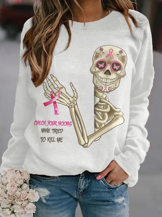 Skeleton Pink Ribbon Print Sweatshirt