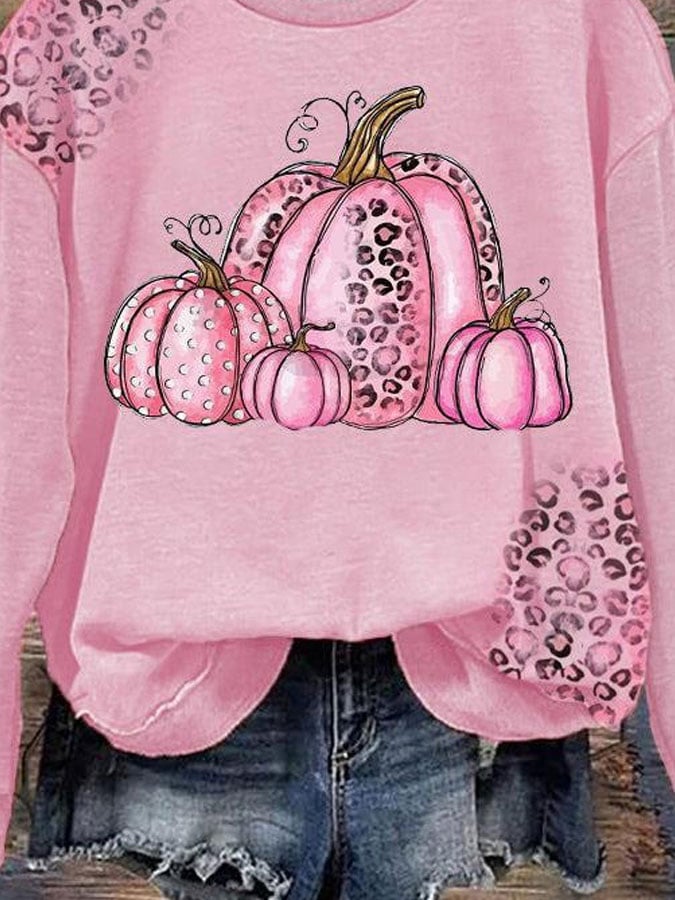October Breast Cancer Awareness Pink Pumpkin Leopard Print Sweatshirt