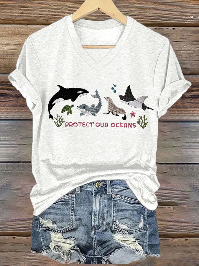 Women's Retro Protect Our Oceans Print T-Shirt