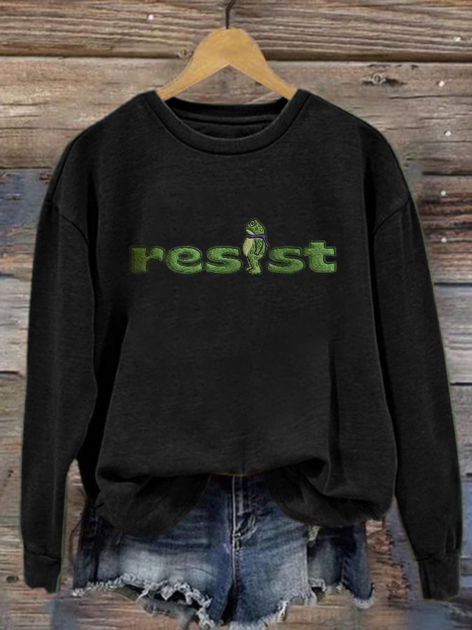 Women's Retro Resist Frog Printed Round Neck Sweatshirt