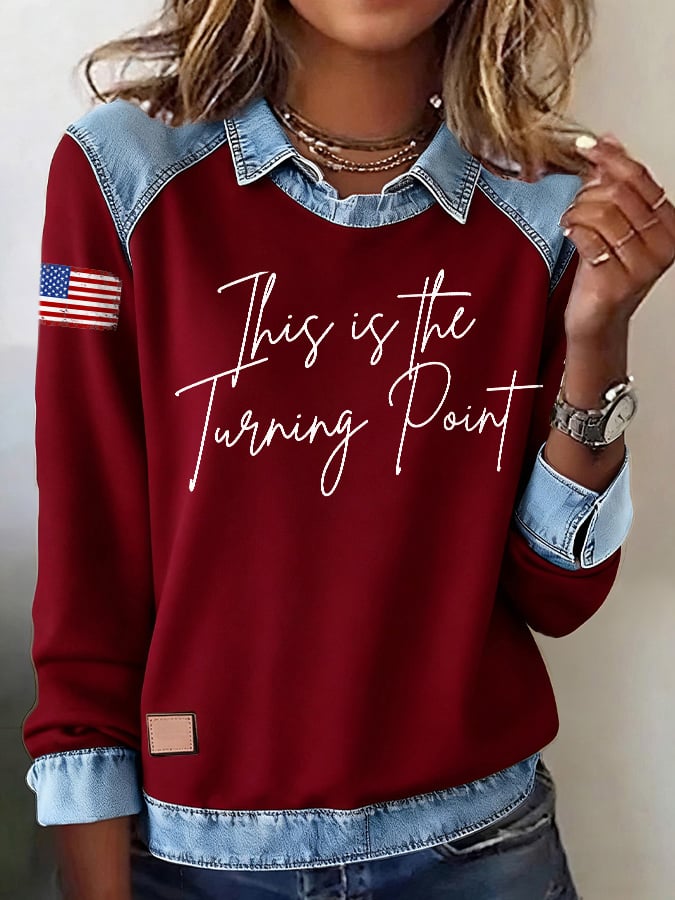 Retro This Is The Turning Point Printed Denim Patchwork Sweatshirt