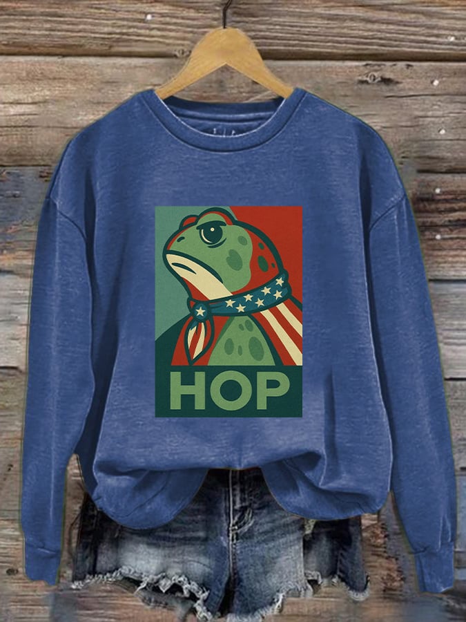 Women's Retro Hop Resist Frog Printed Round Neck Sweatshirt