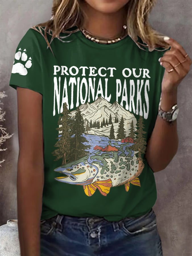 Women's Protect Our National Parks Print Round Neck T-Shirt