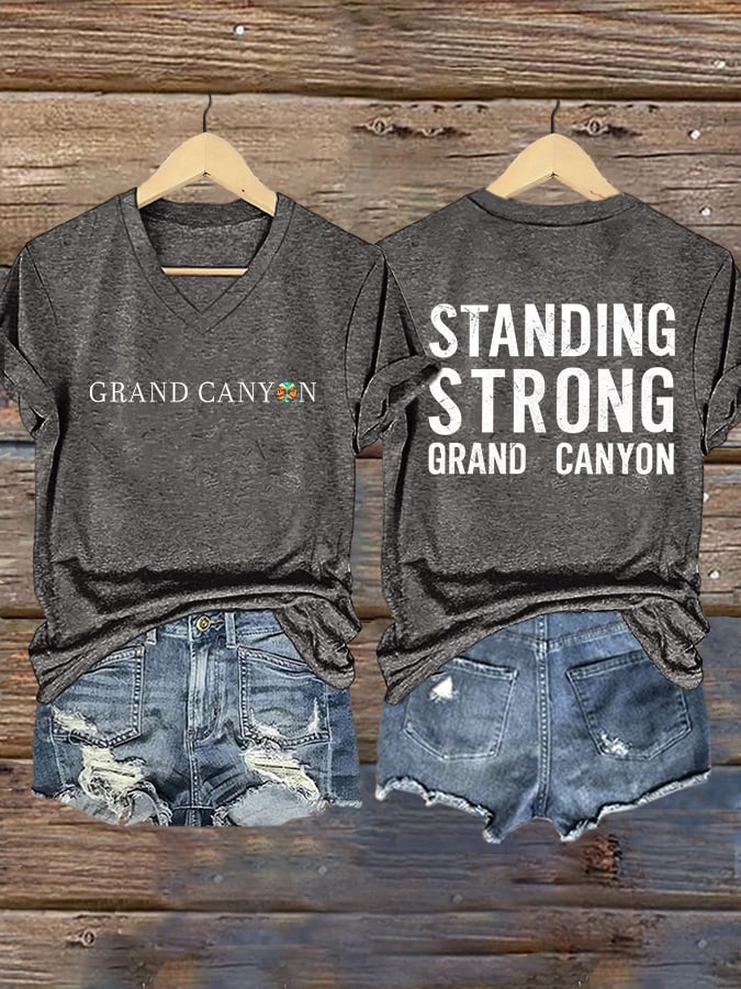 V-Neck Retro Standing Strong Grand Canyon Print T-Shirt