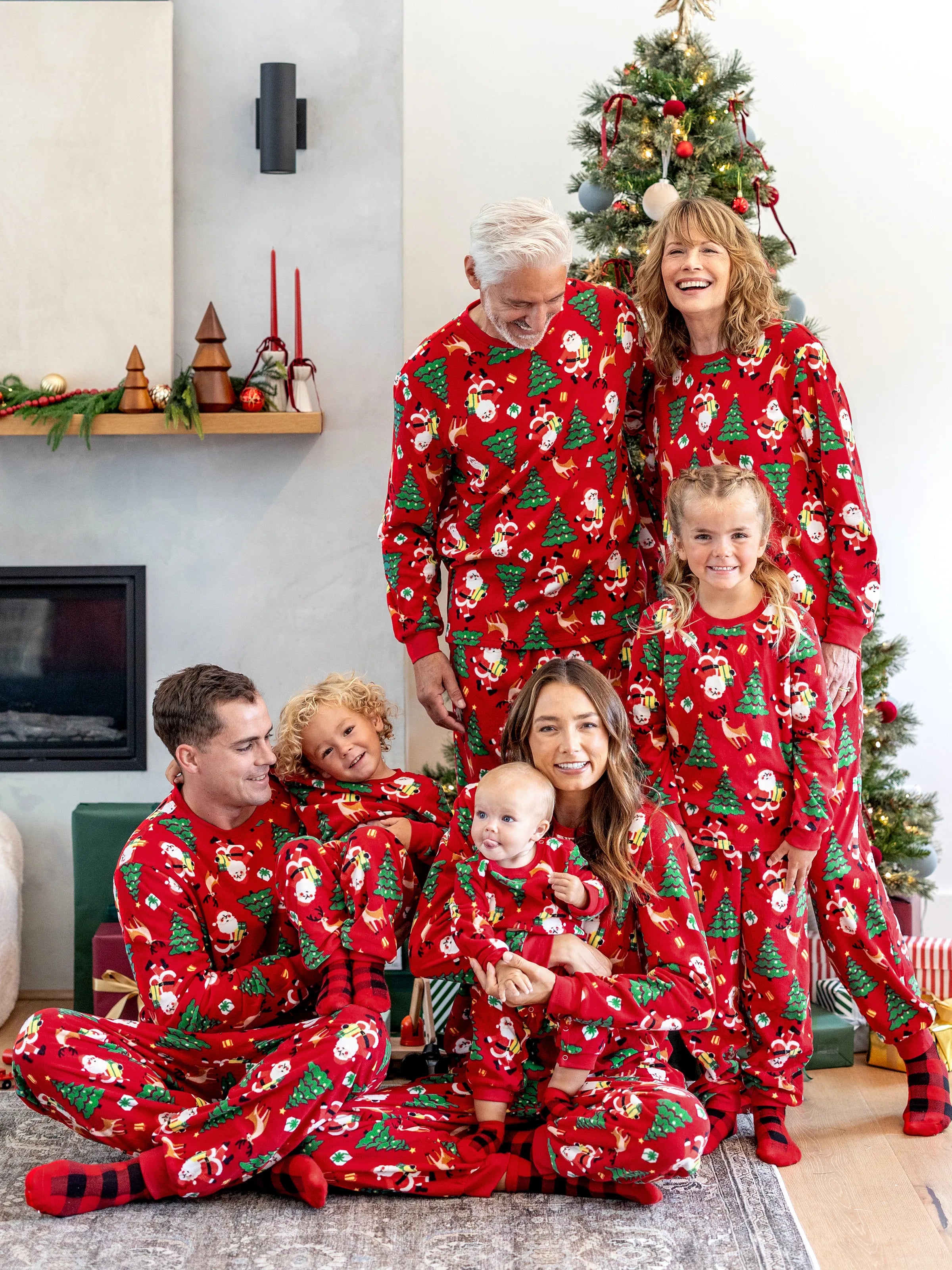 Christmas Matching Family Pajamas Set Santa Claus and Christmas Tree Print Red PJS with Christmas Socks Red