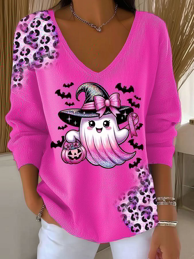 Women's Casual Pierced Breast Cancer Ghost Leopard Print Long Sleeve T-Shirt