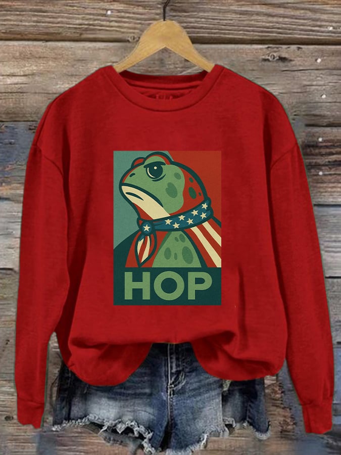 Women's Retro Hop Resist Frog Printed Round Neck Sweatshirt