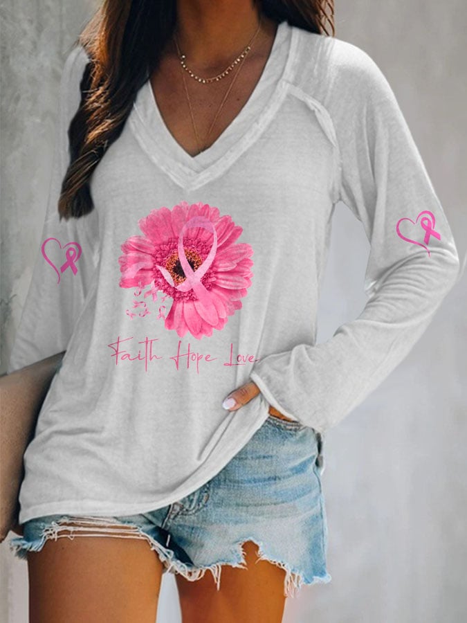 Women's Breast Cancer Floral Long Sleeve V Neck T-Shirt