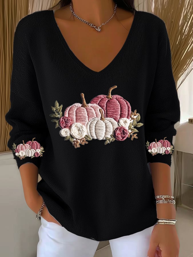 Women's casual pink pumpkin long-sleeved T-shirt knitted ribbed long-sleeved T-shirt
