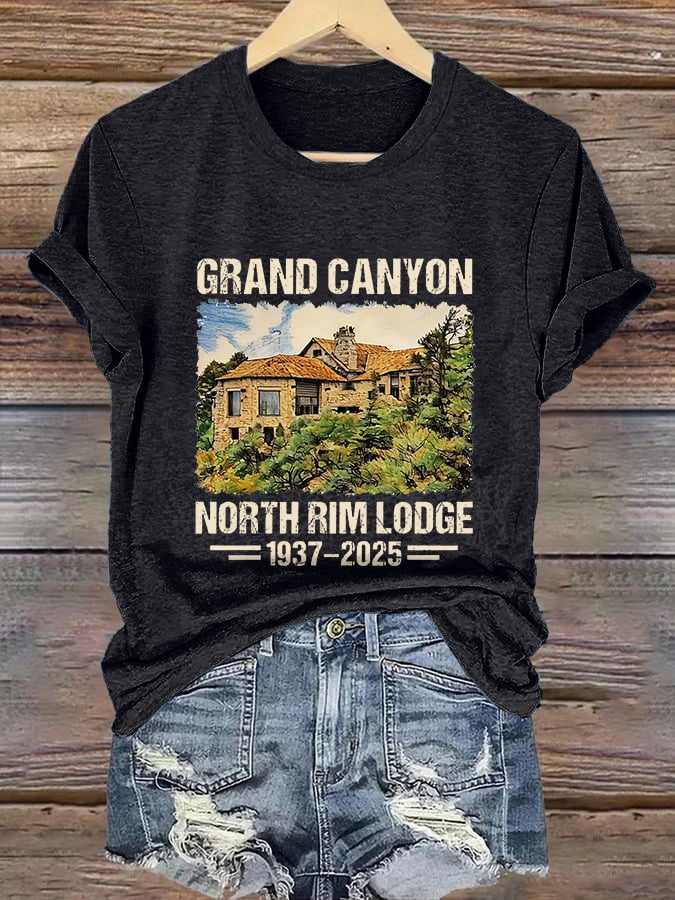 Retro Grand Canyon North Rim Lodge 1937–2025 Tribute Standing Strong For Grand Canyon Wildfire Support Print T-Shirt