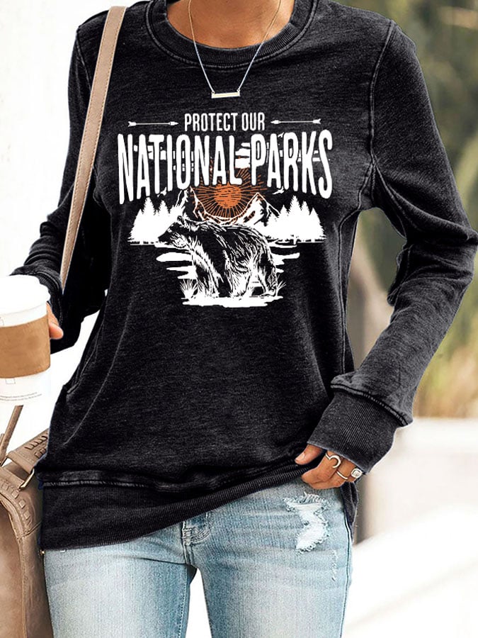 Women's Protect Our National Parks Print Round Neck Sweatshirt