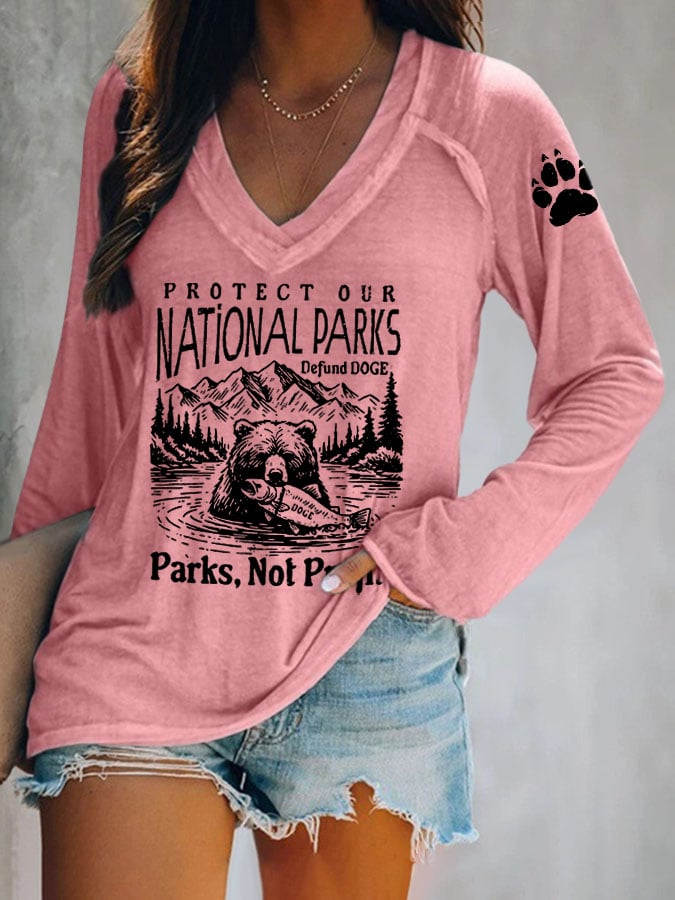Women's Protect Our National Parks Print V Neck T-Shirt