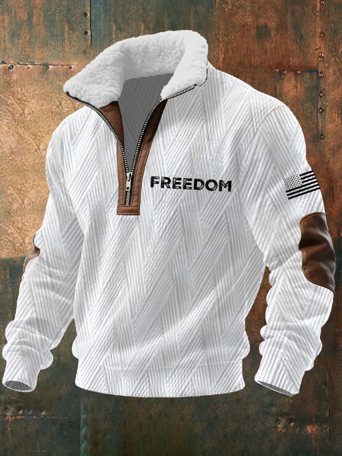 Men's vintage freedom flag jacquard fabric zipper fur collar long sleeve sweatshirt