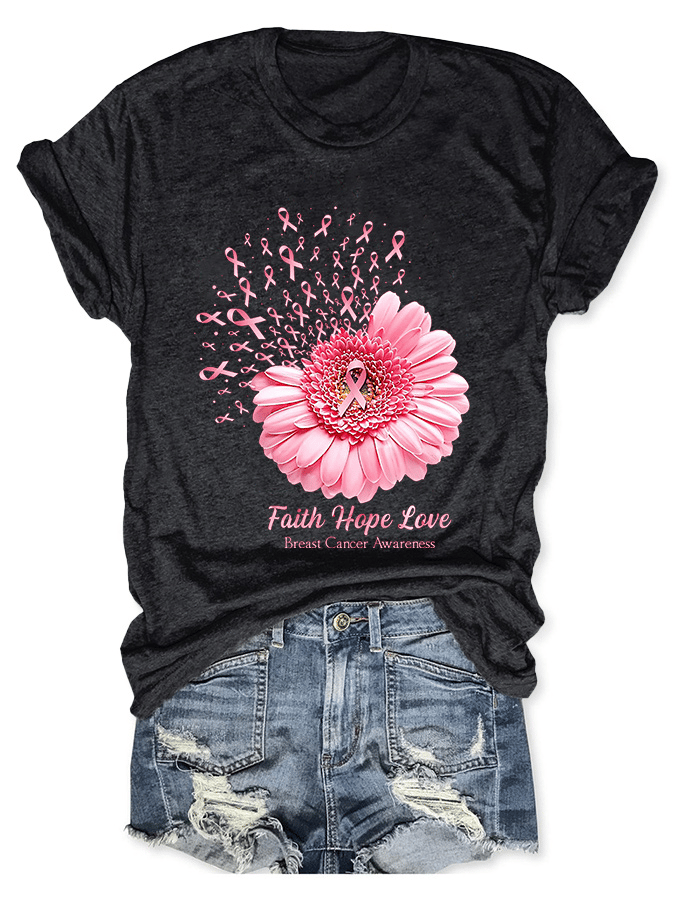 Breast Cancer Awareness Faith Hope Love Daisy Flower Ribbon Print T-Shirt