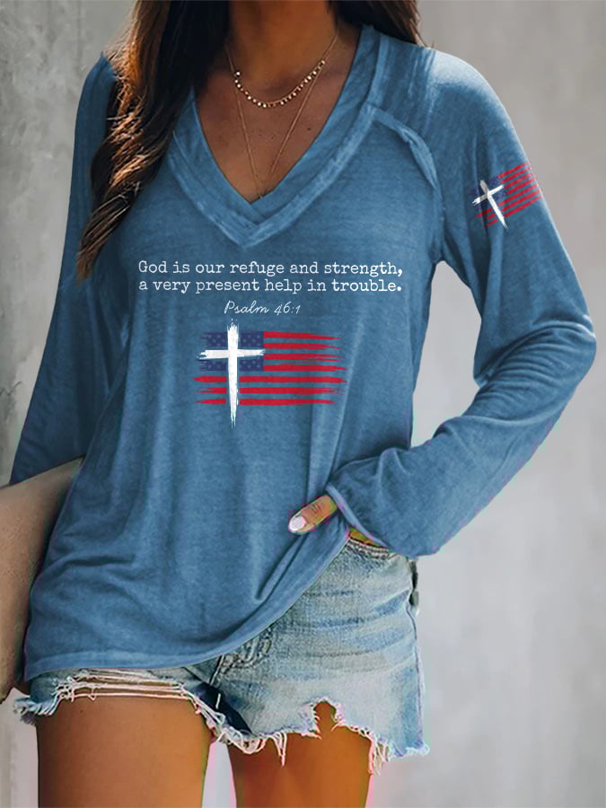 V-neck Retro God Is Our Refuge And Strength, A Very Present Help In Trouble Psalm 46:1 Print T-Shirt