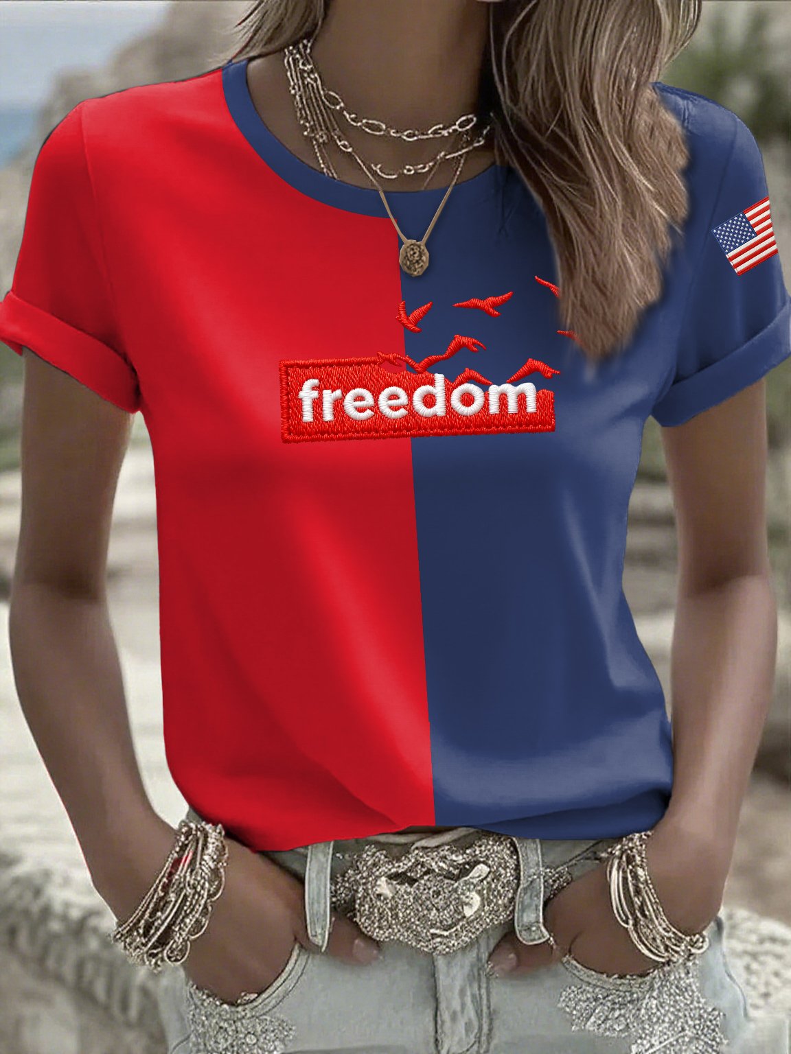 Women's Casual Freedom Flag Contrast Color T-Shirt