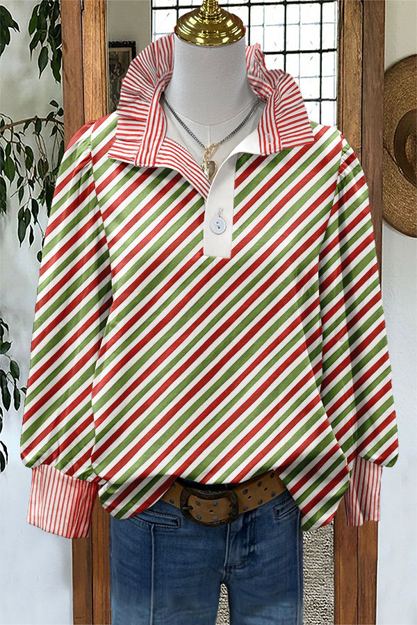 Classic Christmas Print Stripe Puff Sleeve Blouse