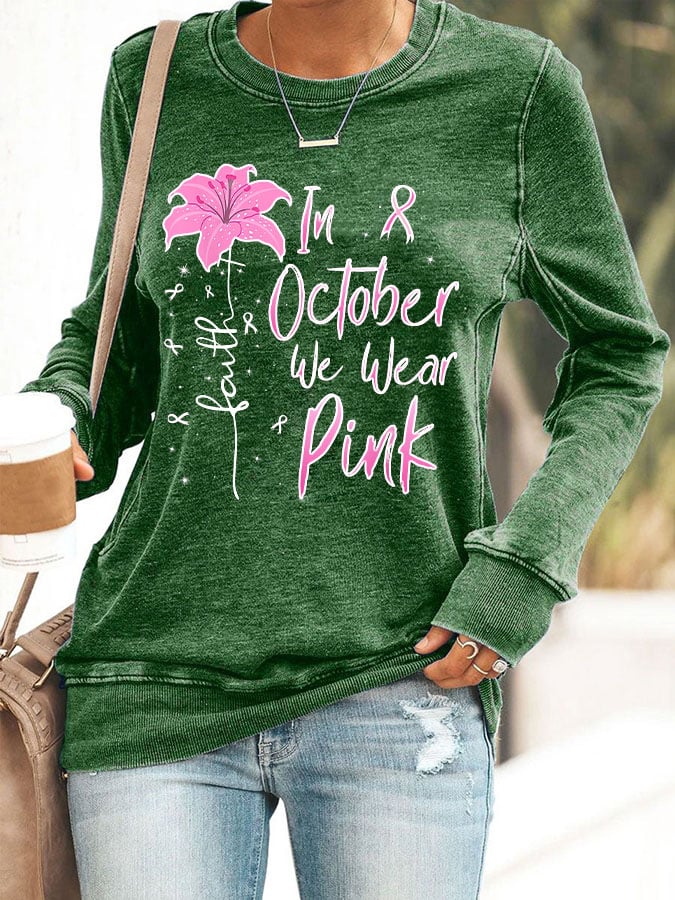Women's Faith In October We Wear Pink Print Casual Crew Neck Sweatshirt