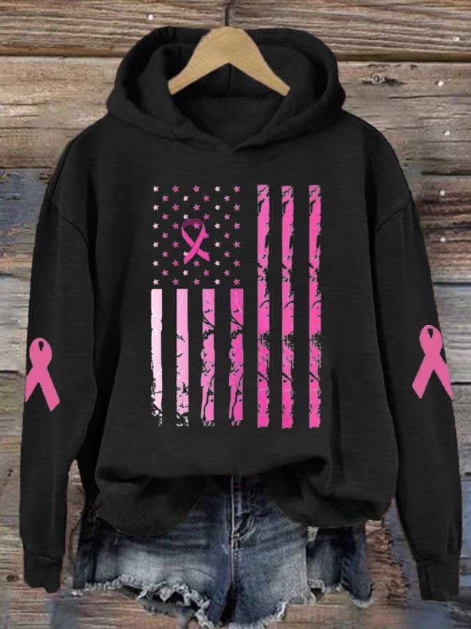 Women's Breast Cancer Awareness Flag Print Hoodie