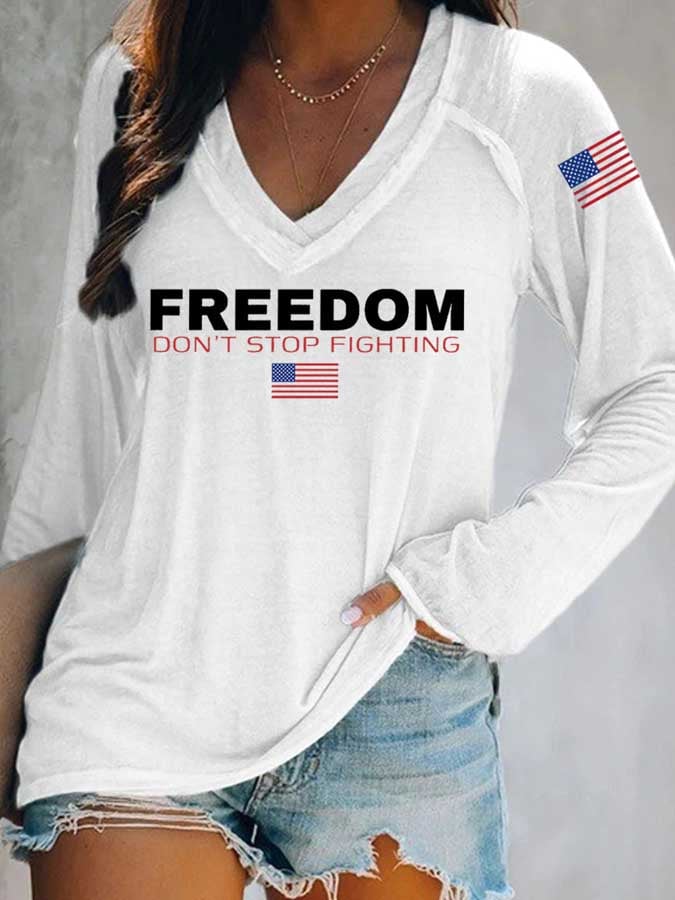Women's Freedom American Flag Print Casual T-Shirt