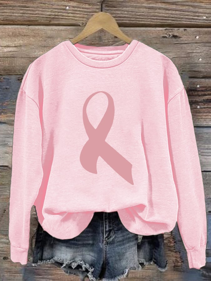 Retro Breast Cancer Awareness Pink Ribbon Print Sweatshirt