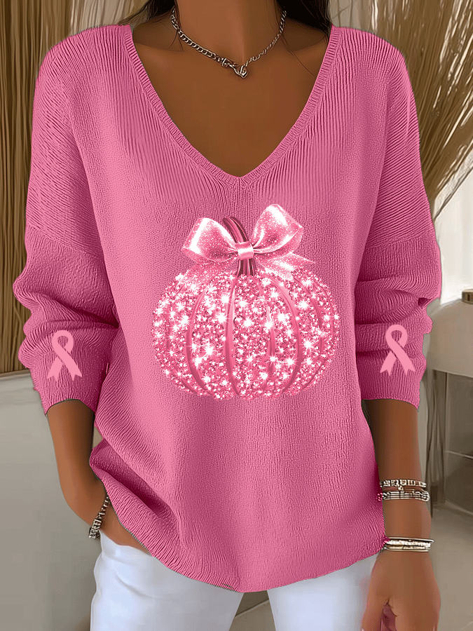 Women's Breast Cancer Sequin Pumpkin Print Casual Striped Fabric Long Sleeve T-Shirt