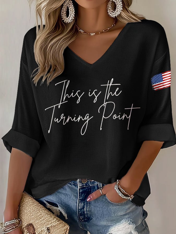 V-Neck Retro This Is The Turning Point Print T-Shirt