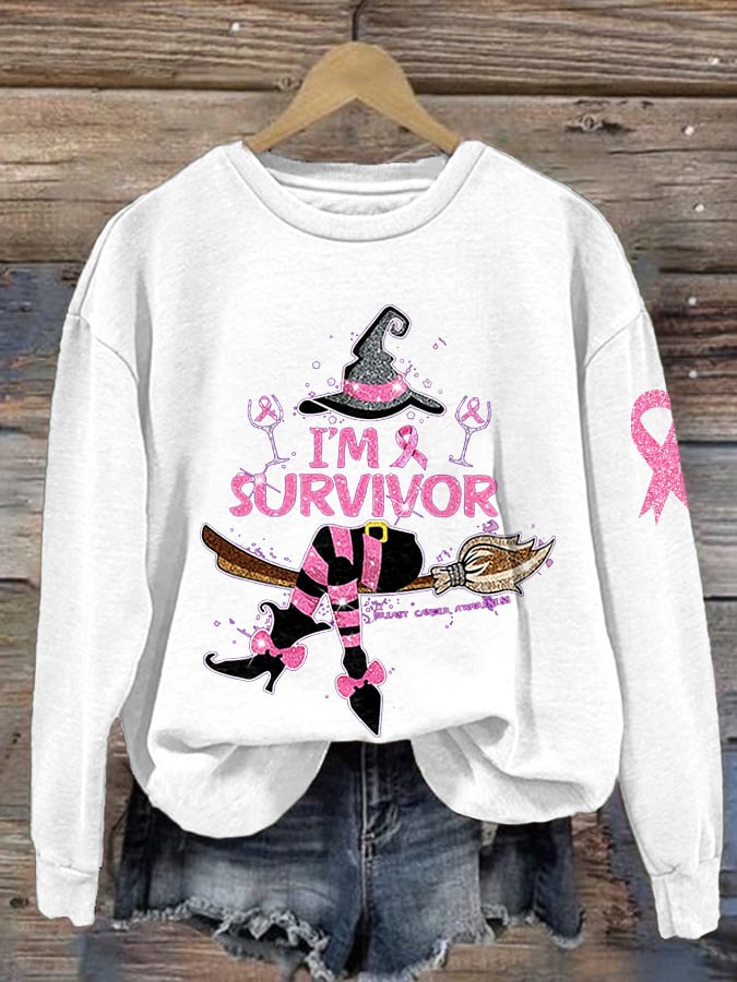 Women's Breast Cancer Awareness Witch Print Crew Neck Sweatshirt