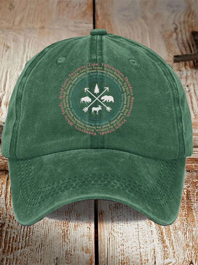 Unisex Distressed Washed Cotton Hot Spot 63 National Parks Explore, Protect, Preserve Printed Hat