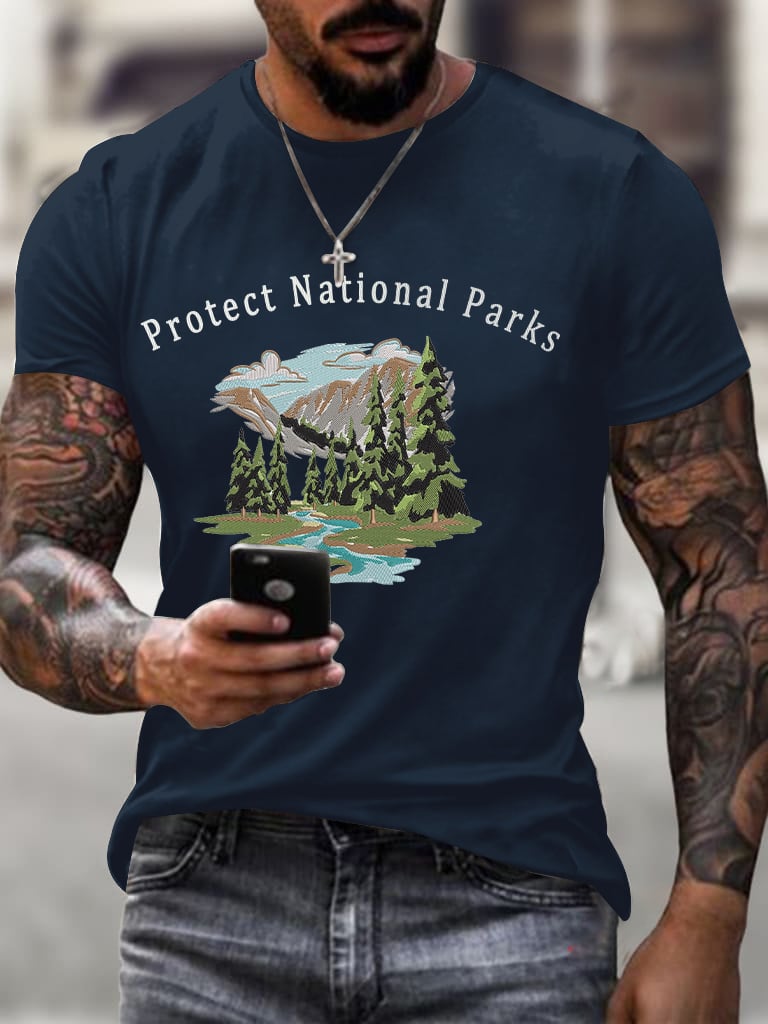 Men'S Retro Protect Our National Parks Printed Casual Crew Neck T-Shirt