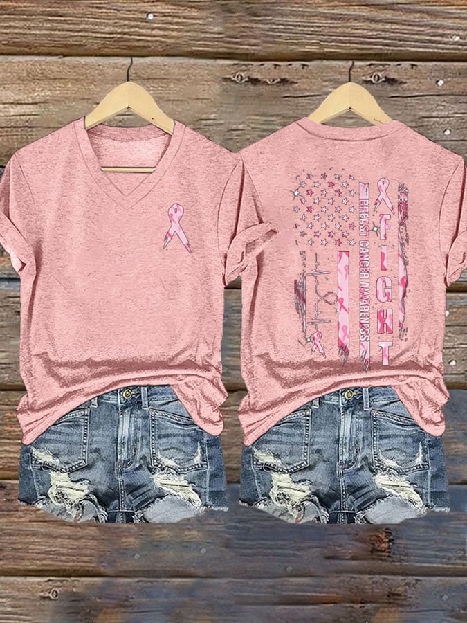 Women's Fight Breast Cancer Awareness Printed Casual V-Neck T-Shirt