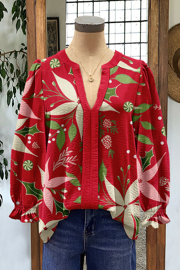 Sweet Christmas Flowers Print Puff Sleeve Blouse