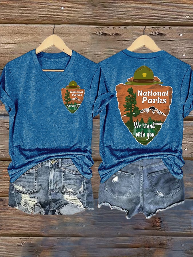 V-neck Retro National Parks Strong We Stand With You Print T-Shirt