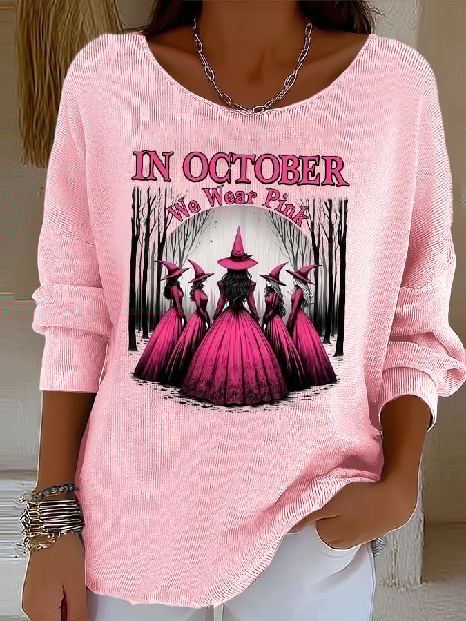 Women's casual October we wear pink ribbed long-sleeved top