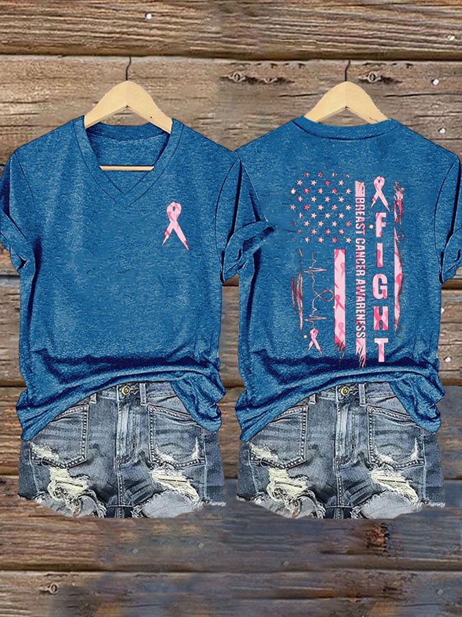 Women's Fight Breast Cancer Awareness Printed Casual V-Neck T-Shirt