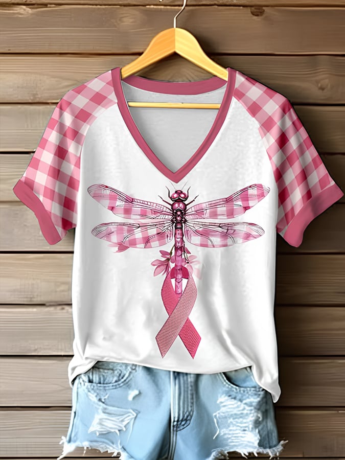 Women's Retro Cancer Awareness Printed Raglan V-Neck T-Shirt