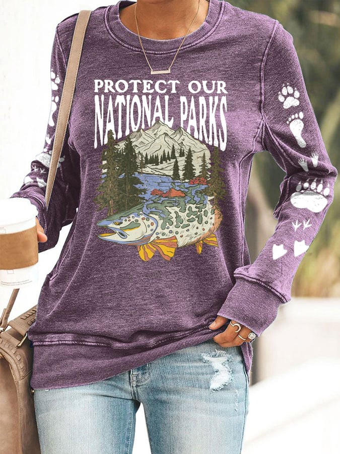 Women's Protect Our National Parks Print Round Neck Sweatshirt