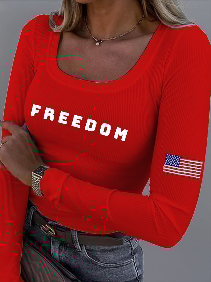 Women's Freedom American Flag Print Fabric Long Sleeve T-Shirt