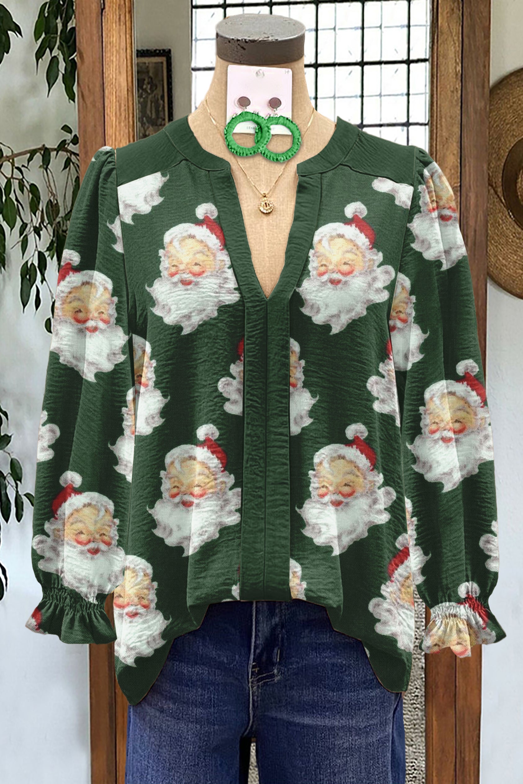 Vintage Christmas Santa Claus Print V-Neck Blouse