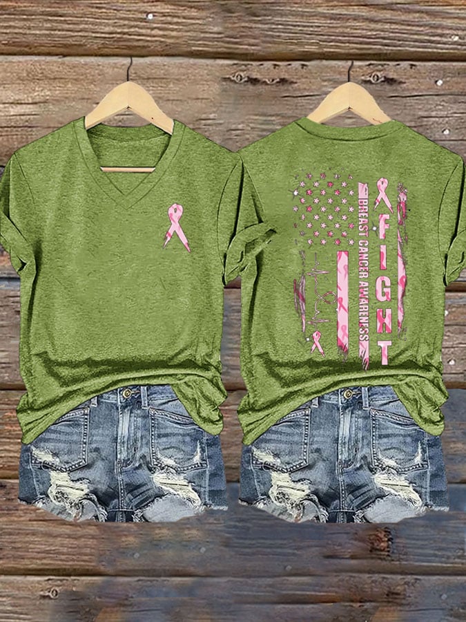 Women's Fight Breast Cancer Awareness Printed Casual V-Neck T-Shirt