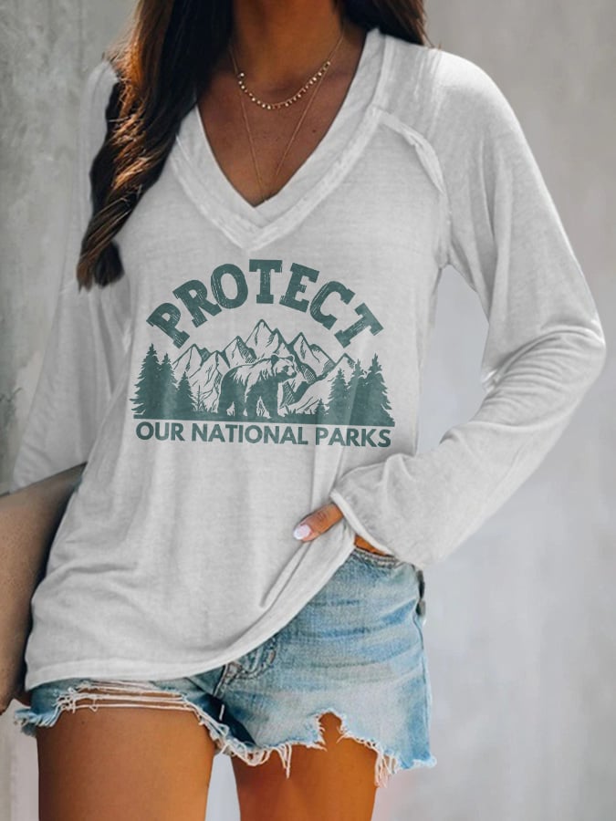 Women's Protect Our National Parks Print V Neck T-Shirt