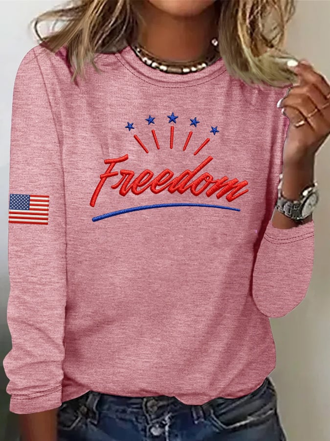 Women's Casual Freedom Flag Contrast Color Cotton Long-Sleeved T-Shirt