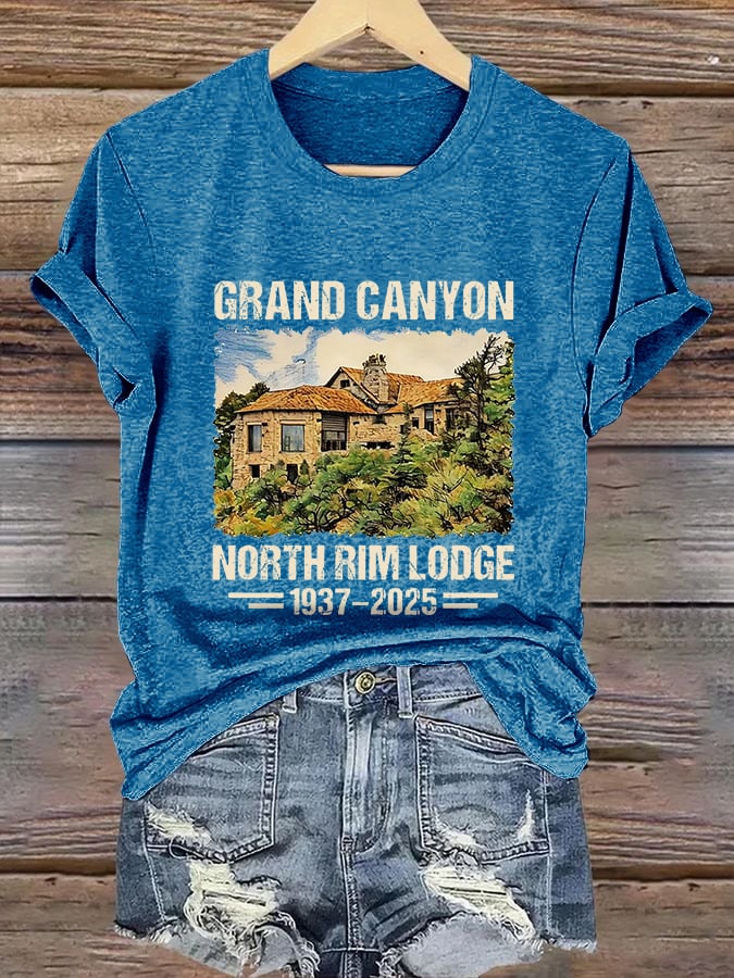 Retro Grand Canyon North Rim Lodge 1937–2025 Tribute Standing Strong For Grand Canyon Wildfire Support Print T-Shirt