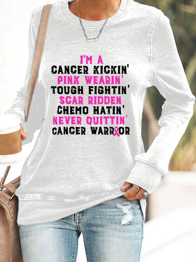 Breast Cancer Awareness Cancer Kickin' Chemo Hatin' Warrior Print Sweatshirt