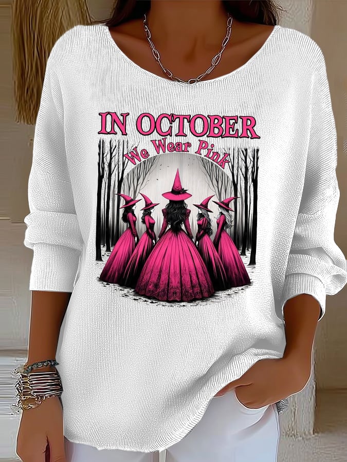Women's casual October we wear pink ribbed long-sleeved top