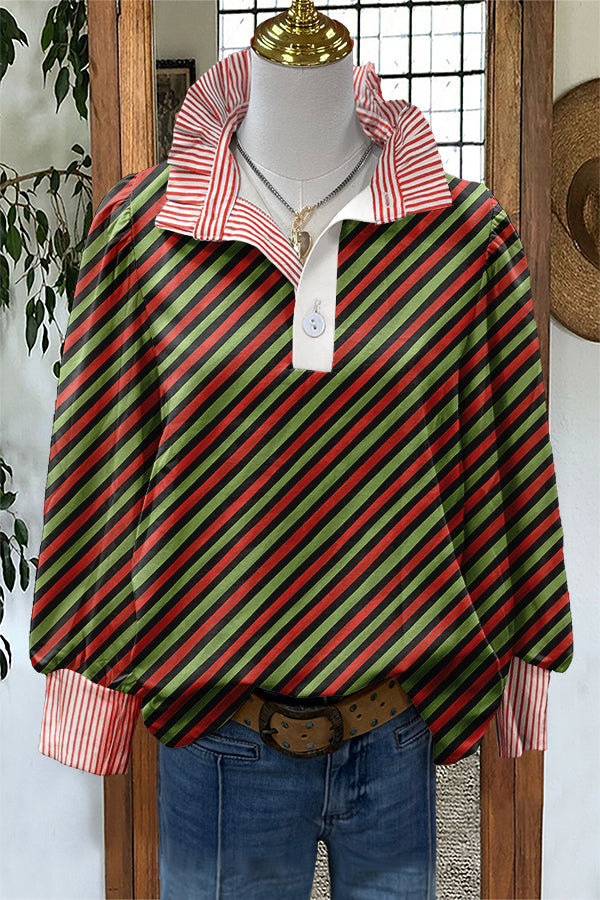 Classic Christmas Print Stripe Puff Sleeve Blouse