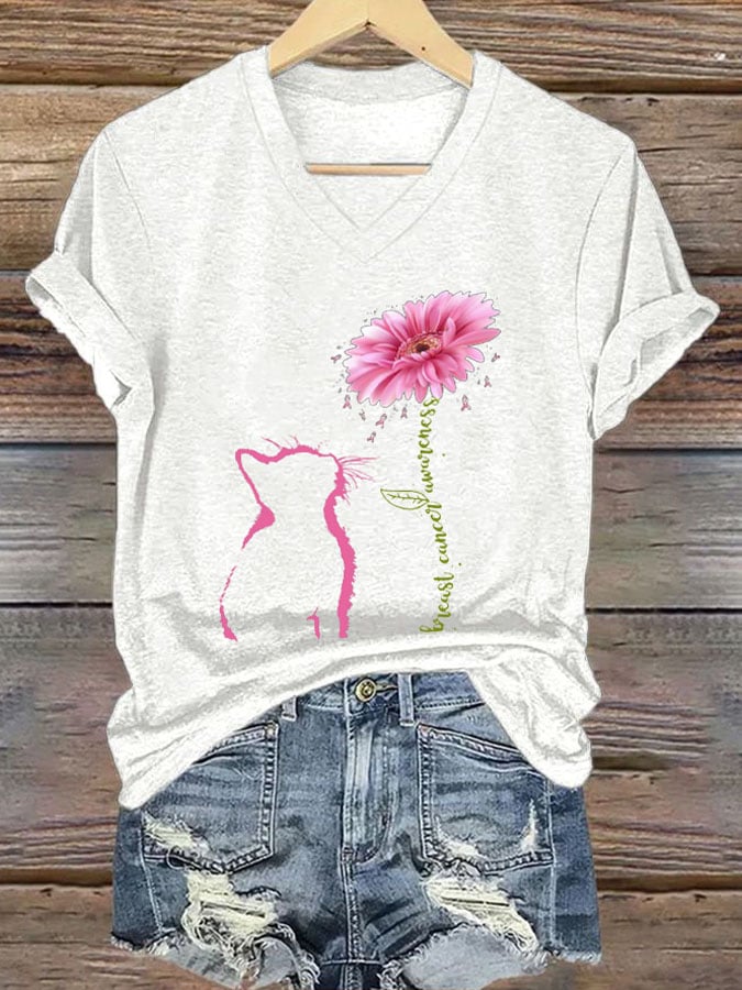 V-neck Retro Breast Cancer Awareness Cat Barberton Daisy Print T-Shirt