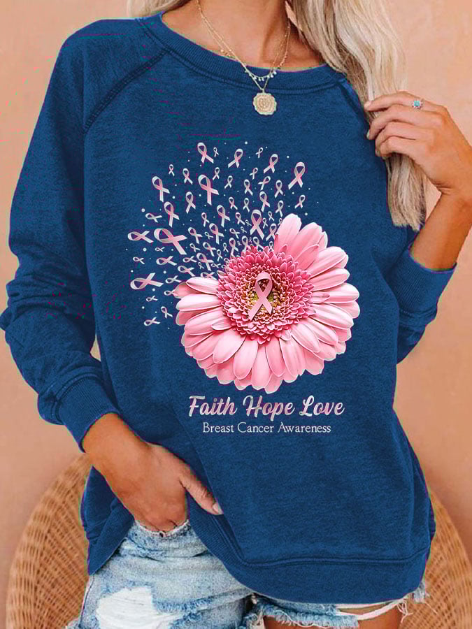 Breast Cancer Awareness Faith Hope Love Daisy Flower Ribbon Print Sweatshirt